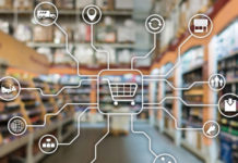 How Beverage Alcohol Retailers Used Technology in 2020 Retail marketing channels E-commerce Shopping automation concept on blurred supermarket background.